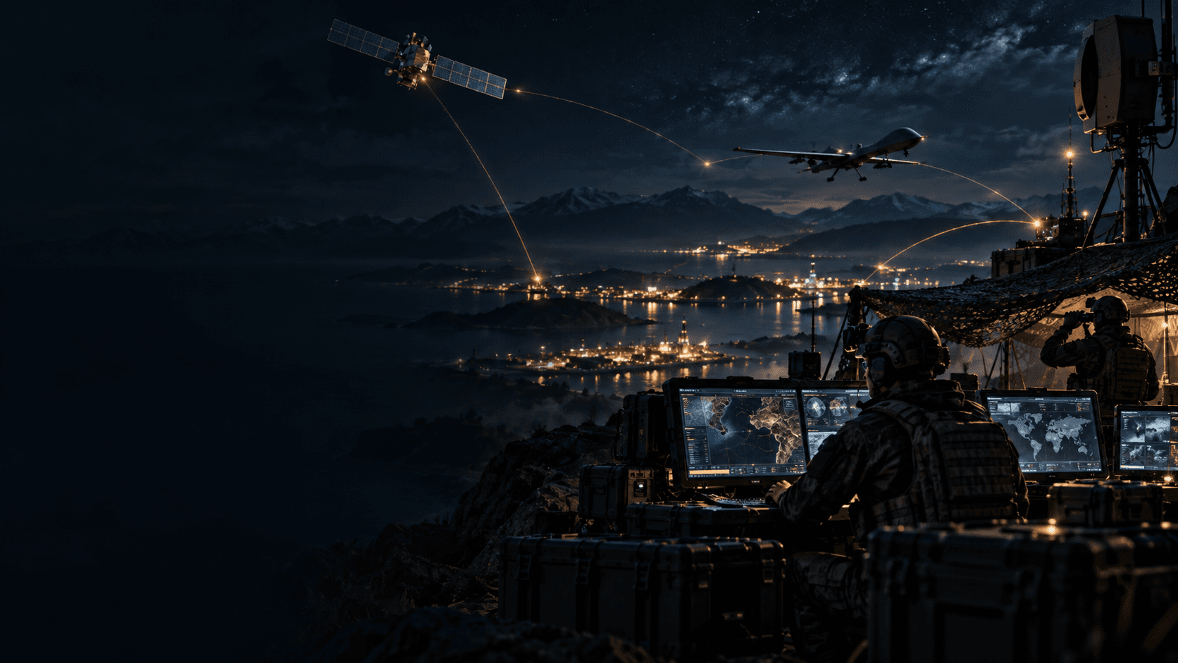 Concept visualization of strategic technology operations integrating sensing, communications, autonomy, and secure networks