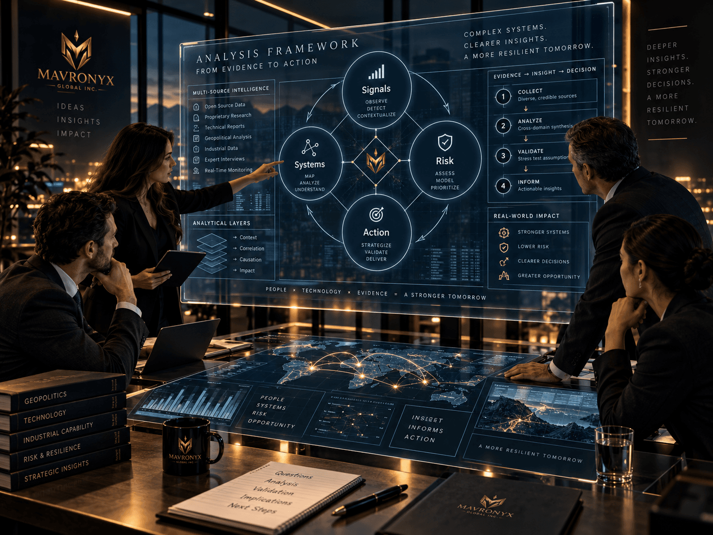 Analysts correlating strategic signals, evidence, risks, systems, and decision pathways