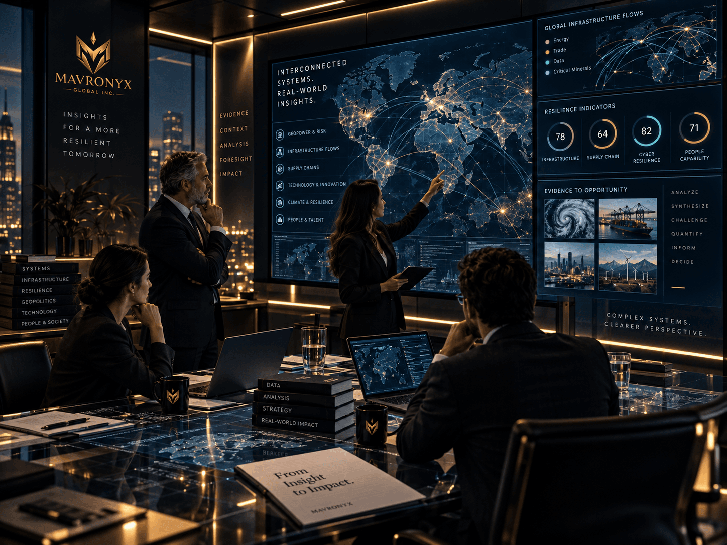 Strategic research team synthesizing infrastructure, technology, resilience, and global system evidence