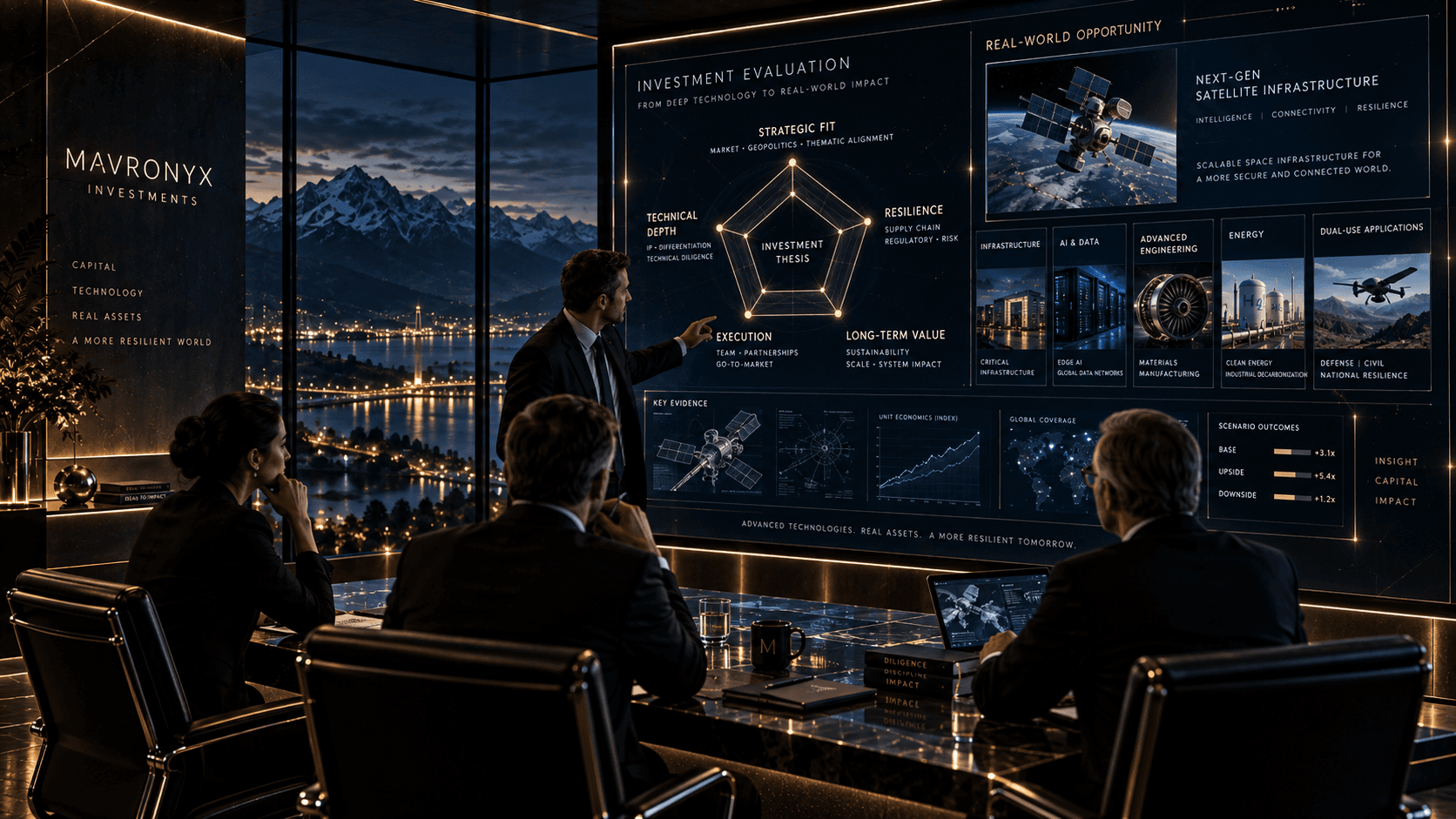 Investment evaluation interface combining technical depth, strategic fit, execution risk, resilience, and lifecycle value
