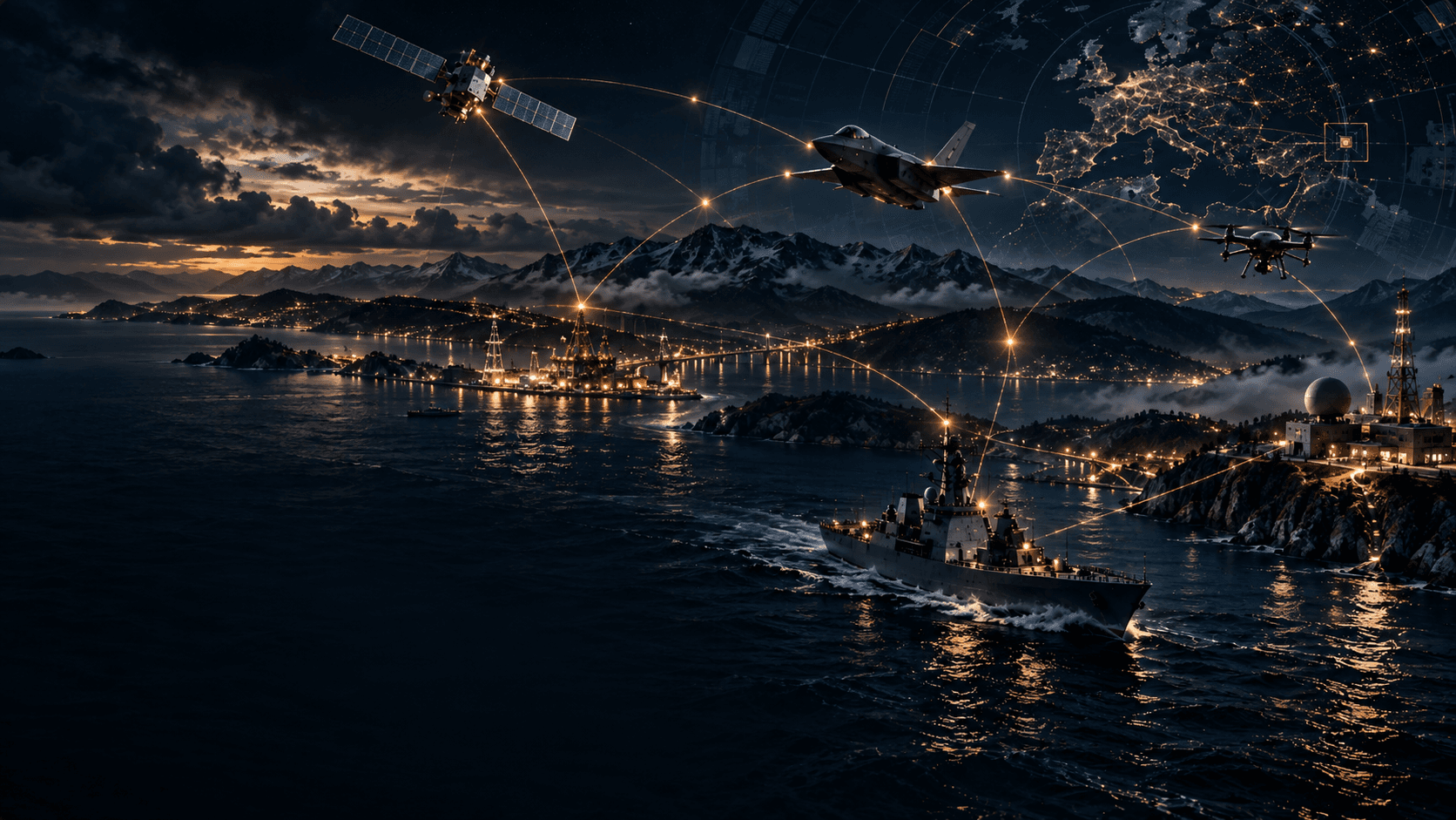 Concept visualization of strategic systems spanning maritime, aerospace, space, and infrastructure domains